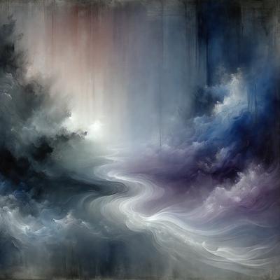 The primary subject of the image is a painting of a river with a purple and blue color scheme. The setting is a cloudy sky, and the visual style appears to be a digital art or illustration. The dominant colors and overall atmosphere of the painting are purple and blue, creating a serene and calming mood.
